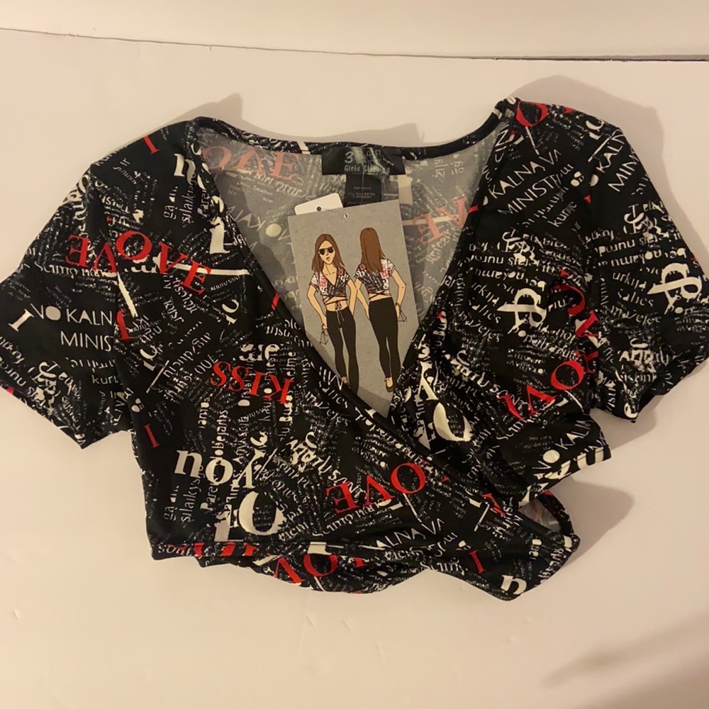 Wraparound top red black and white love kiss crop top new with tags size…